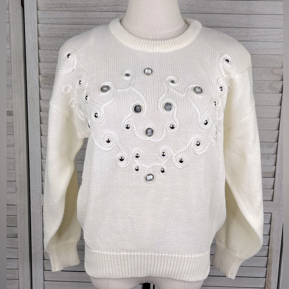 JAMIE SCOTT Vintage 80's Crewneck Sweater Beaded Cream-Medium